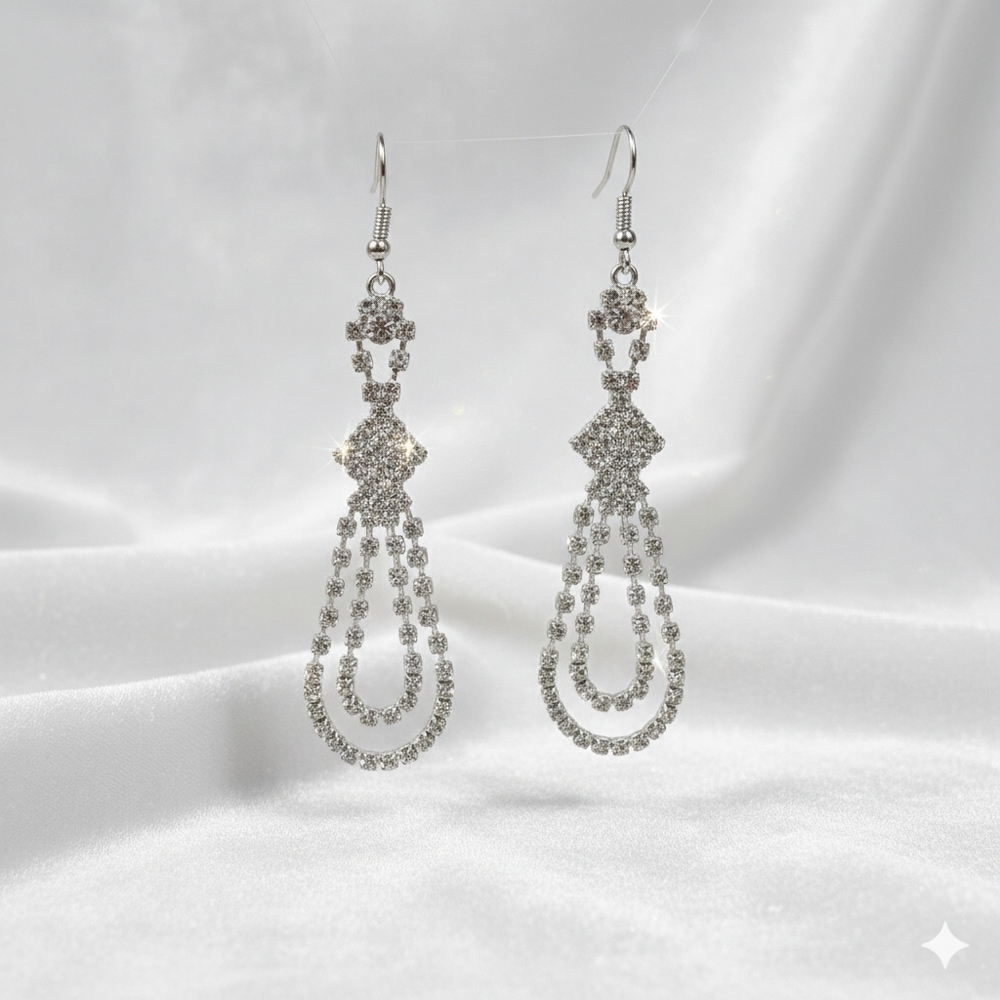 Vintage 3.25" Earrings Dangle Chandelier Clear Glass Rhinestones Silver Plated